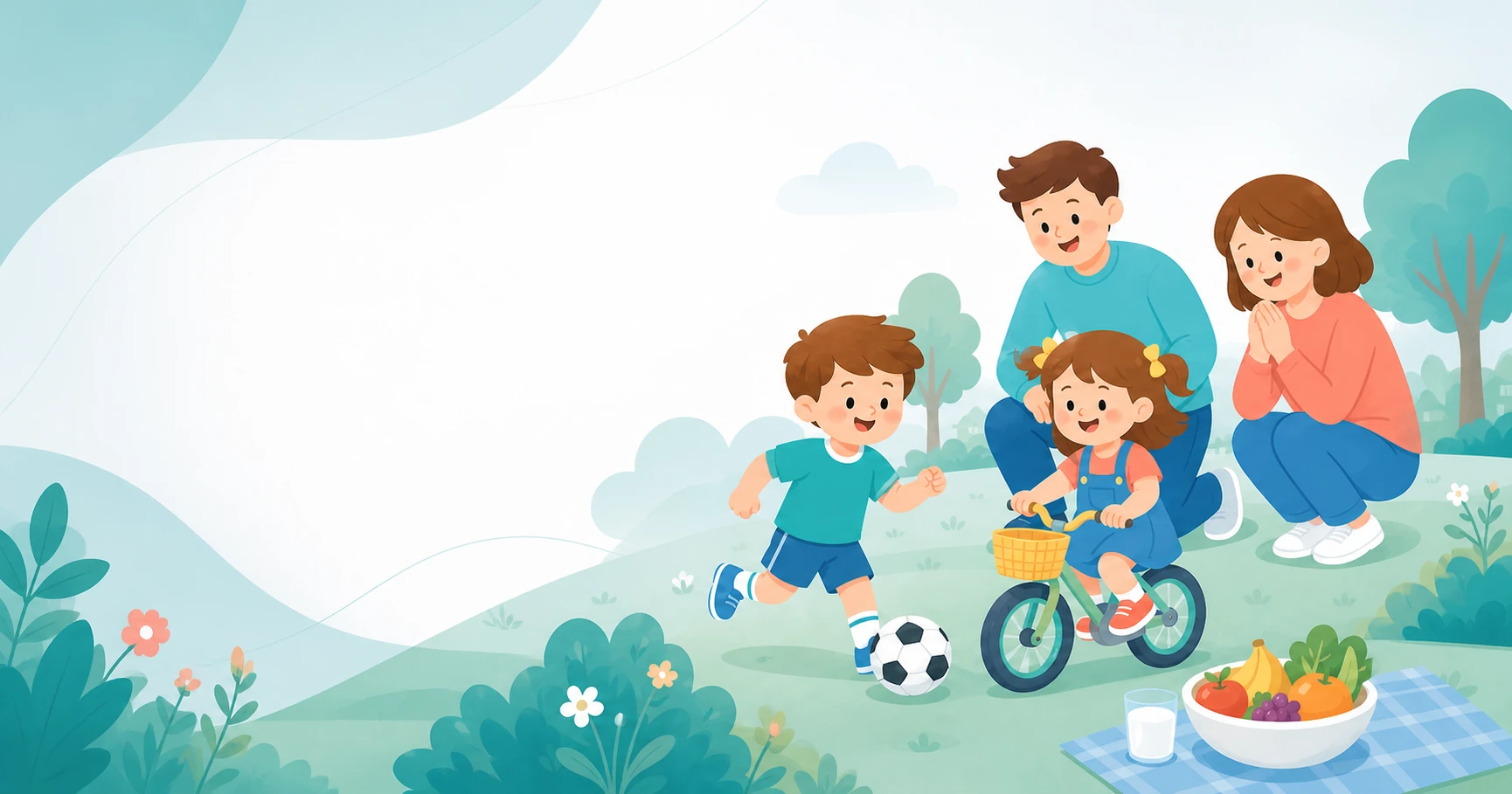 A colourful cartoon family enjoying healthy food, cycling and football together