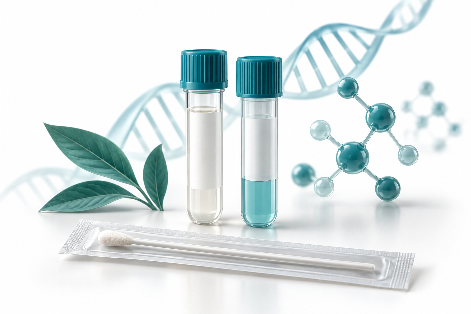 Editorial illustration of specimen tubes and a swab for molecular testing