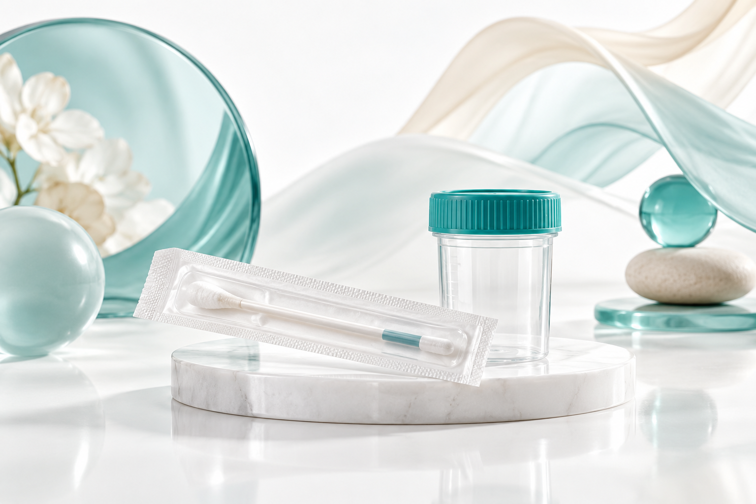 Editorial illustration of a packaged swab and collection container