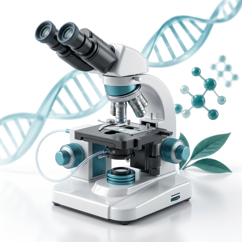 Editorial illustration of a laboratory report, magnifier and sample tubes