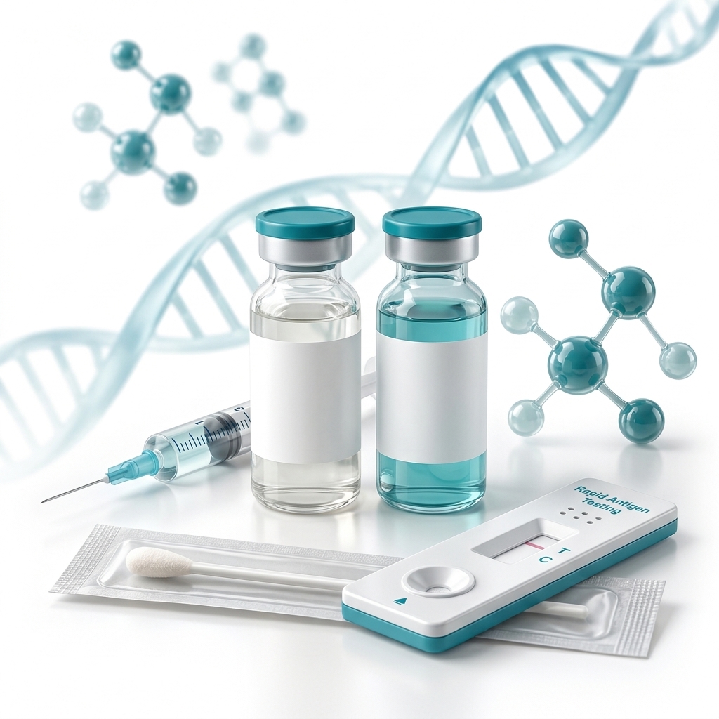 Editorial illustration of specimen tubes and a swab for molecular testing