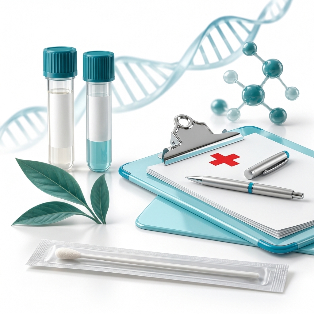 Editorial illustration of a packaged swab and collection container