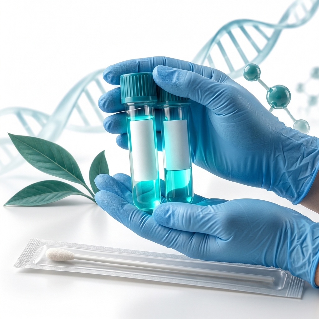 Editorial illustration of a laboratory report, magnifier and sample tubes