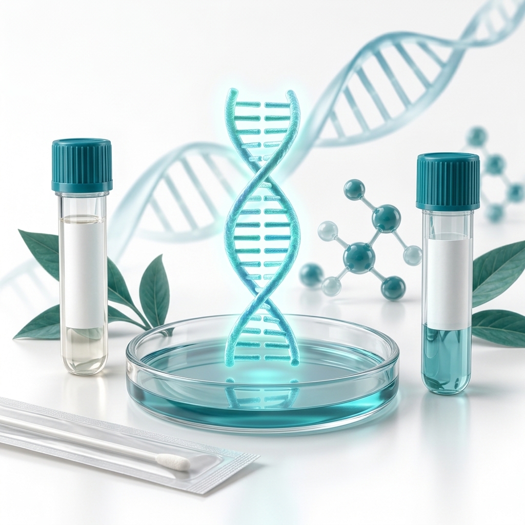 Editorial illustration of a packaged swab and collection container