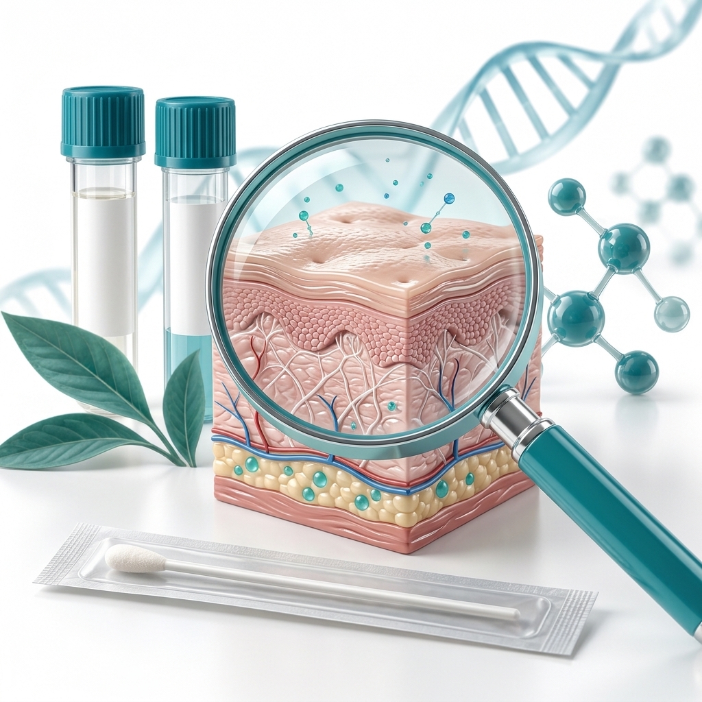 Editorial illustration of a magnifying glass and packaged swab