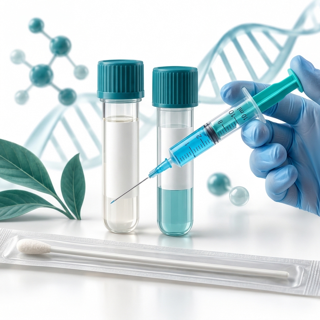 Editorial illustration of a packaged swab and collection container