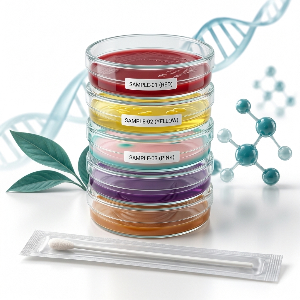 Editorial illustration of specimen tubes and a swab for molecular testing