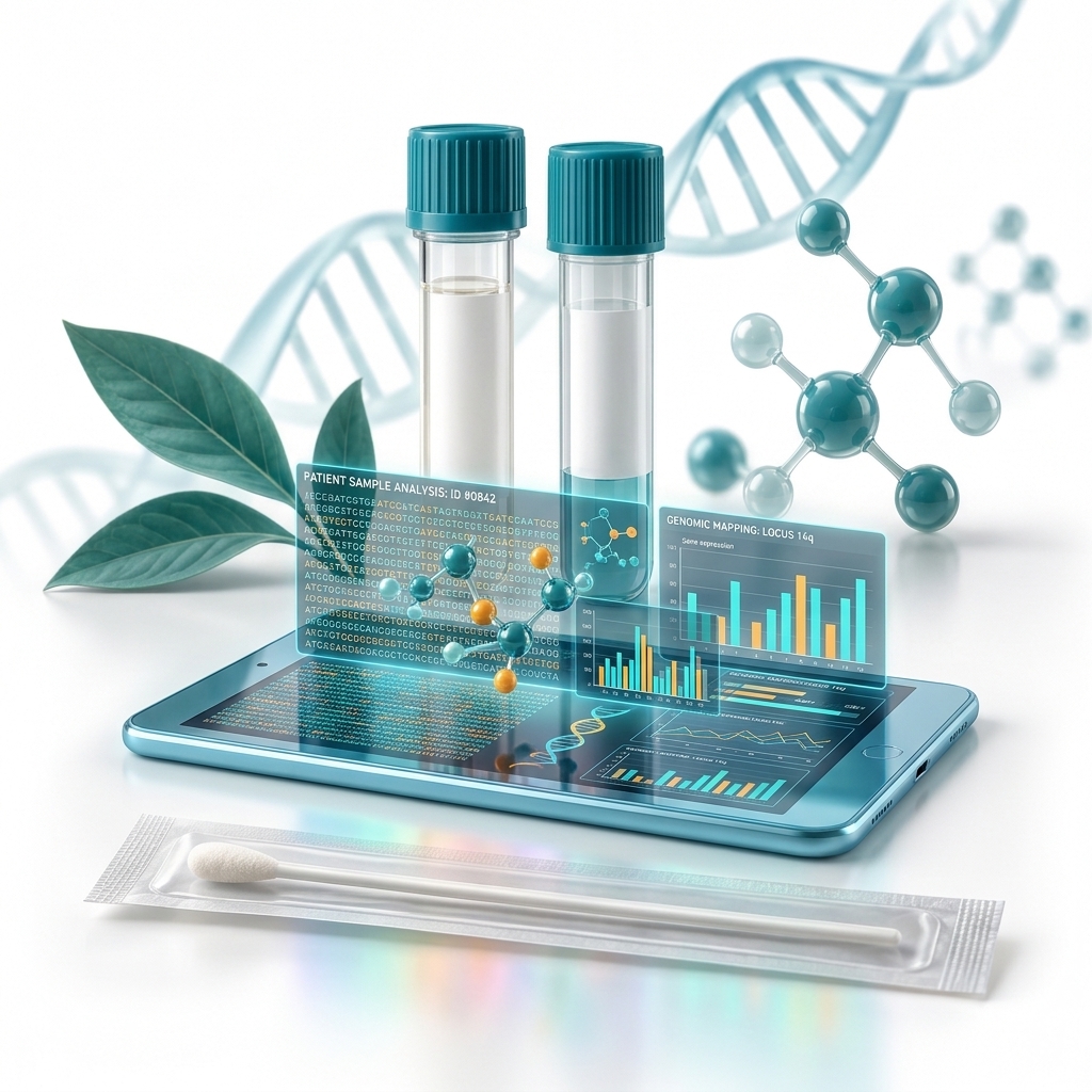 Editorial illustration of specimen tubes and a swab for molecular testing