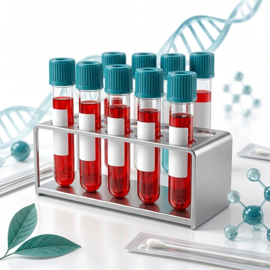 Editorial illustration of a blood collection tube and laboratory card